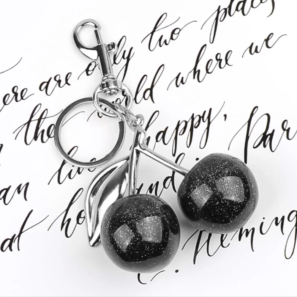 Glitter Cherries Large Black Silver Bag Charm Keychain Ring Pendant - Picture 1 of 6